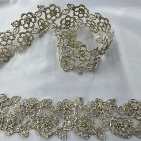 1 Yard Beaded & Corded Lace Trim 2.5" Wide Embroidered on 100% Polyester Organza