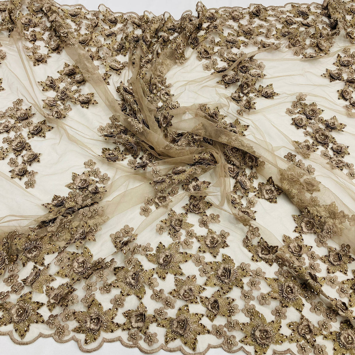 1 Yard Enchanting Pistachio Beaded 3D Floral Lace Fabric on Net Mesh 50 inch Width