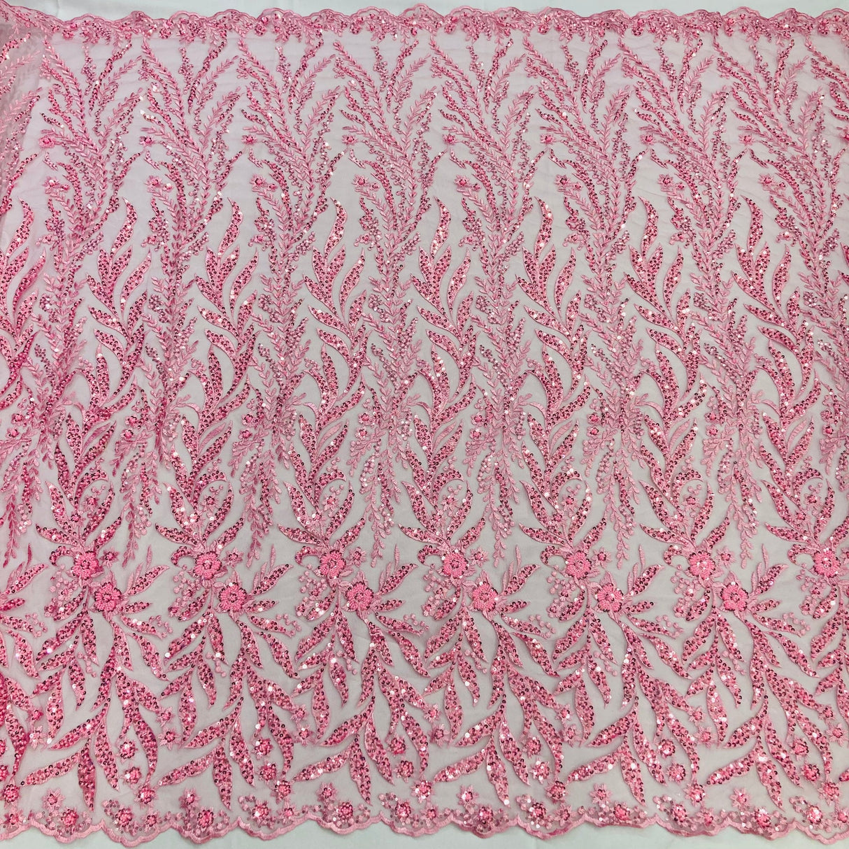 1 Yard Pink Beaded Lace Fabric Embroidered on Polyester Net Mesh 50 inch Width