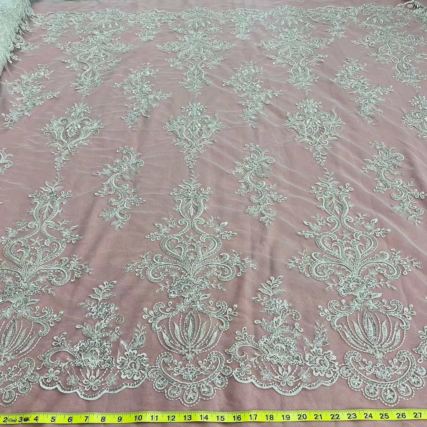 1 Yard Antique Silver Beaded Lace Fabric Embroidered on Polyester Net Mesh Pearls Sequins 53 Inch Width