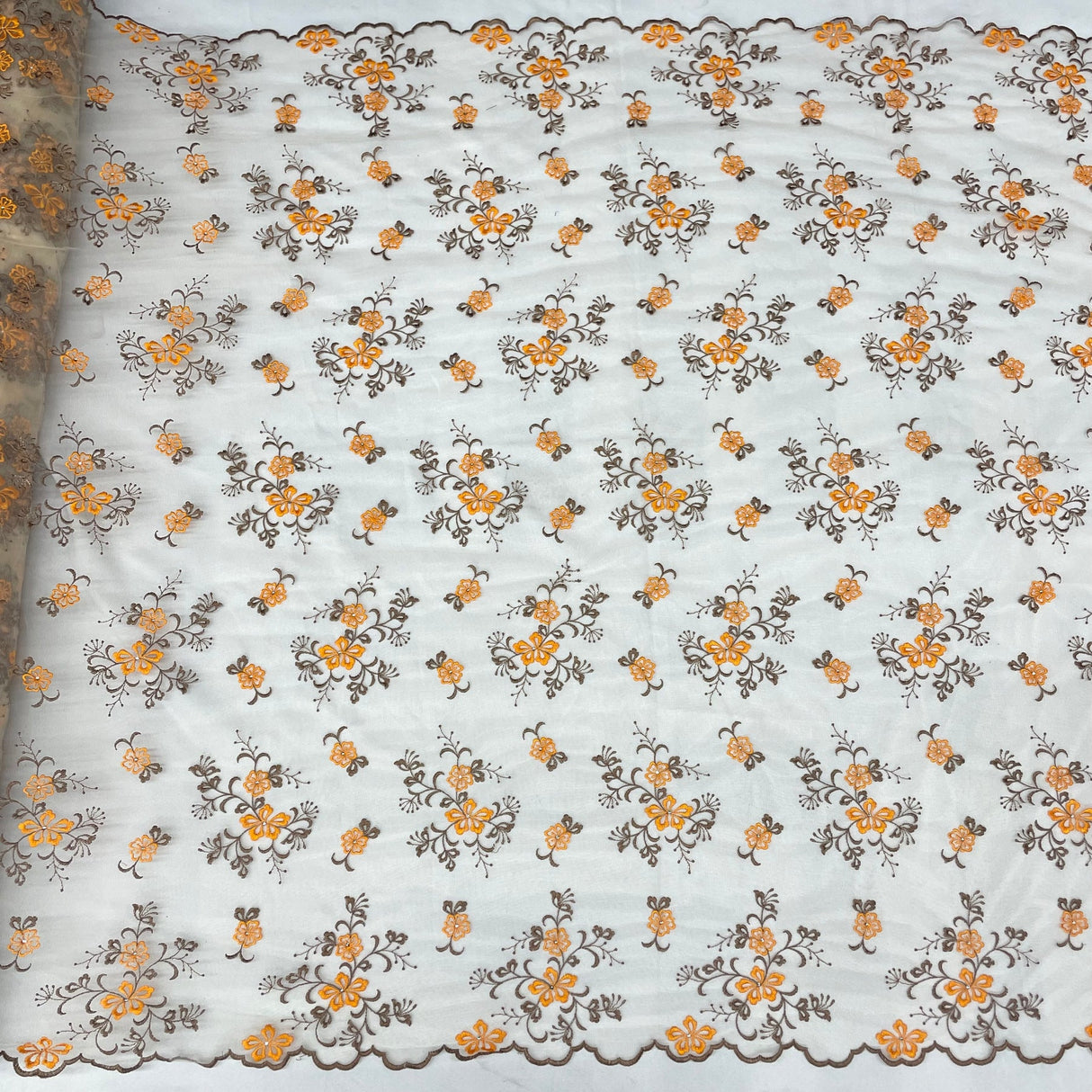 1 Yard Orange/Brown Beaded Lace Fabric Embroidered on Polyester Net Mesh 54 Inch Width