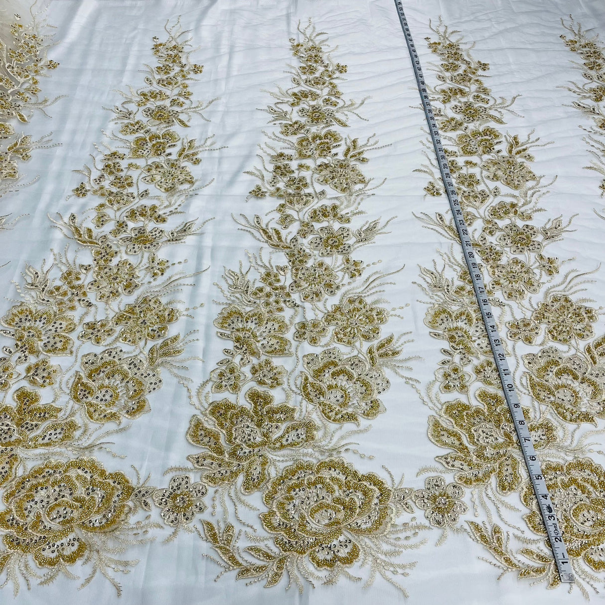 1 Yard Radiant Gold Beaded Lace Fabric Embroidered on Polyester Net Mesh 52 inch Width