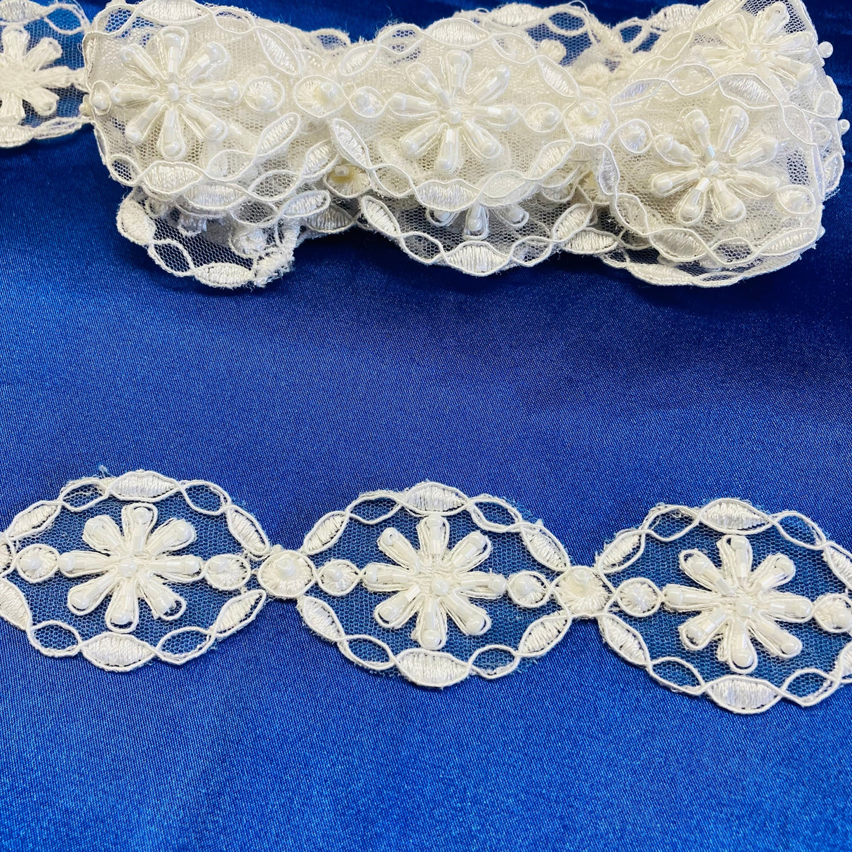 1 Yard Luxury Beaded and Corded Lace Trimming Embroidered on Polyester Net Mesh for Dresses 1.5 Inch Width