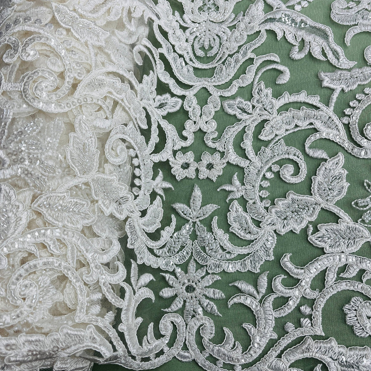 1 Yard Beaded Corded Bridal Lace Fabric on Polyester Net Mesh, 53" Wide, Elegant Embroidered Design