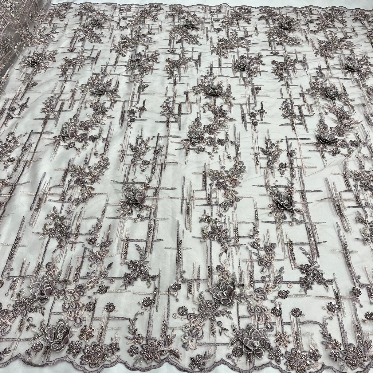 1 Yard Beaded Rhinestone 3D Floral Lace Fabric for Wedding Gowns and Dance Costumes 50" Width