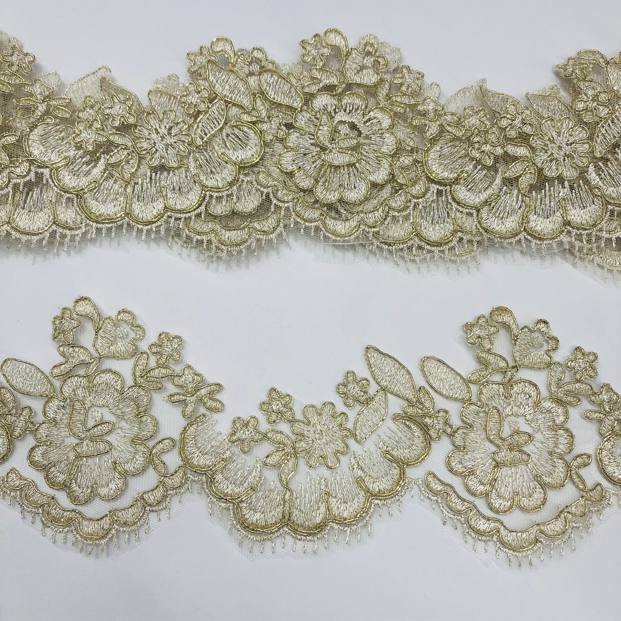1 Yard Corded Lace Trimming on Net Mesh | 3.5" Wide | Handmade Embroidered Trim for Dresses & Costumes