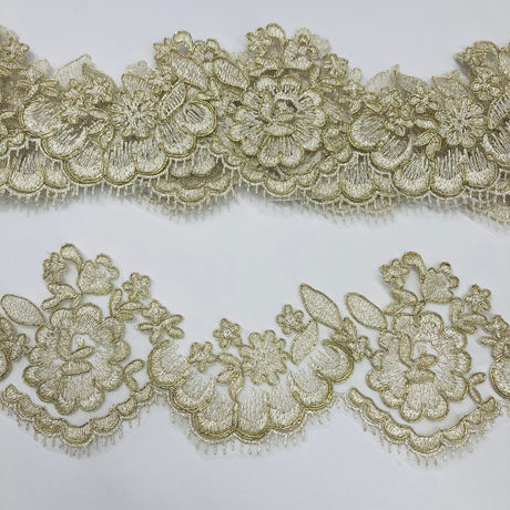 1 Yard Corded Lace Trimming on Net Mesh | 3.5" Wide | Handmade Embroidered Trim for Dresses & Costumes