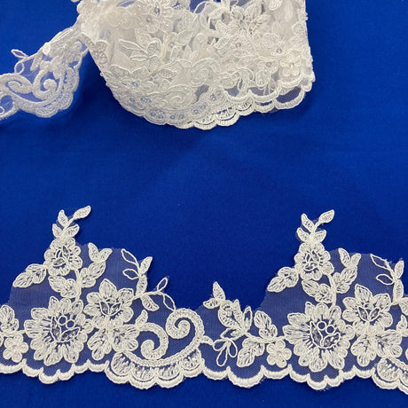 1 Yard  4″ Wide Beaded & Corded Lace Trimming Embroidered on 100% Polyester Net Mesh