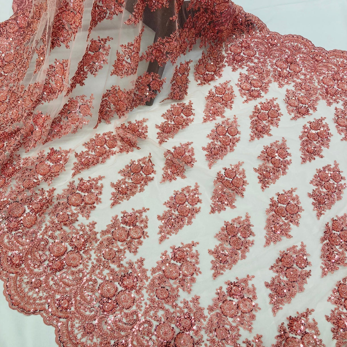 1 Yard Red Beaded Embroidered Lace Fabric on 100% Polyester Mesh, 50" Width