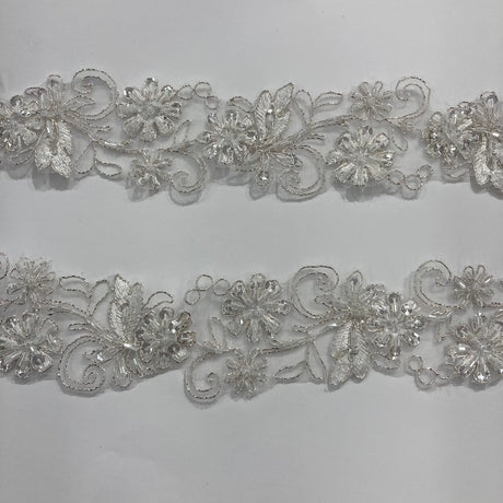 1 Yard Elegant Beaded & Corded Lace Trimming Embroidered on 100% Polyester Organza for Special Occasion Dresses 2 Inch Width