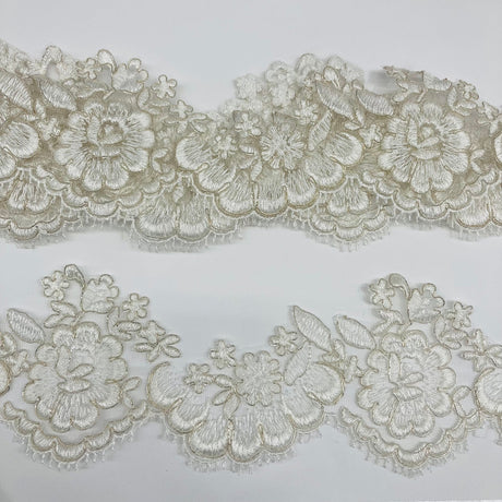 1 Yard Corded Lace Trimming on Net Mesh | 3.5" Wide | Handmade Embroidered Trim for Dresses & Costumes
