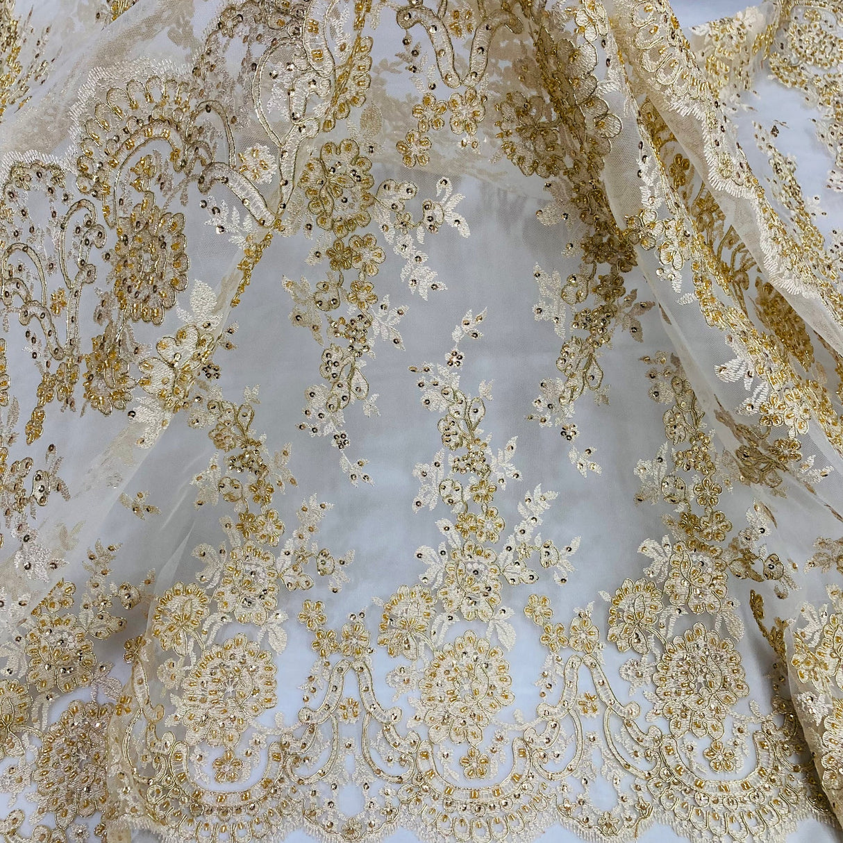 1 Yard Luxurious Gold Hand-Beaded Corded Bridal Lace Fabric on Net Mesh 48 inch Width