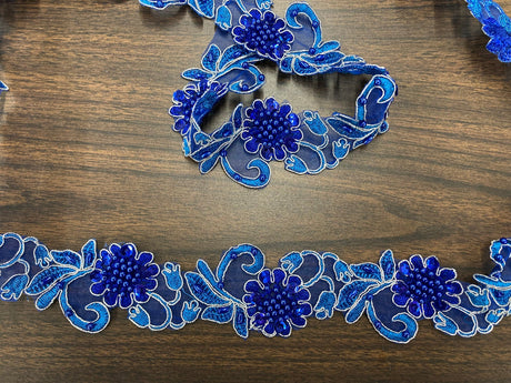 1 Yard Handmade Beaded & Corded Lace Trimming Embroidered on Polyester Organza 2 Inch Width