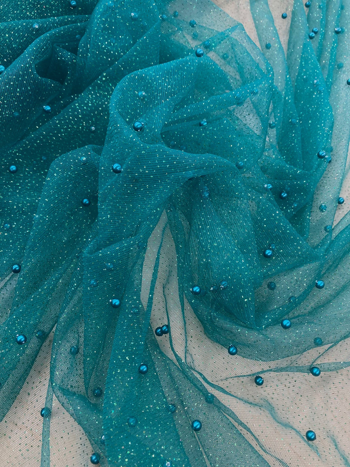 1 Yard Hunter Green Glitter Mesh Fabric with Scattered Pearls Stretch Soft Sparkle Net 60 Inch Width