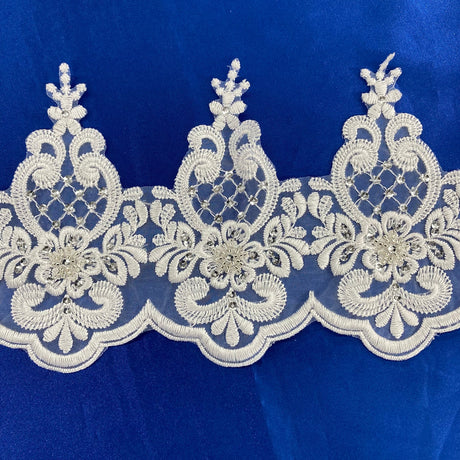 1 Yard Beaded Lace Trimming on Organza | 6" Wide | Handmade Embroidered Trim for Bridal, Gowns & Costumes