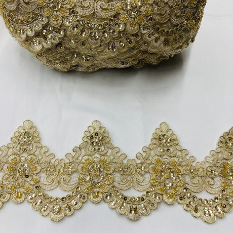 1 Yard Elegant Beaded & Corded Lace Trimming Embroidered on 100% Polyester Net Mesh for Bridal Dresses 4.5 Inch Width