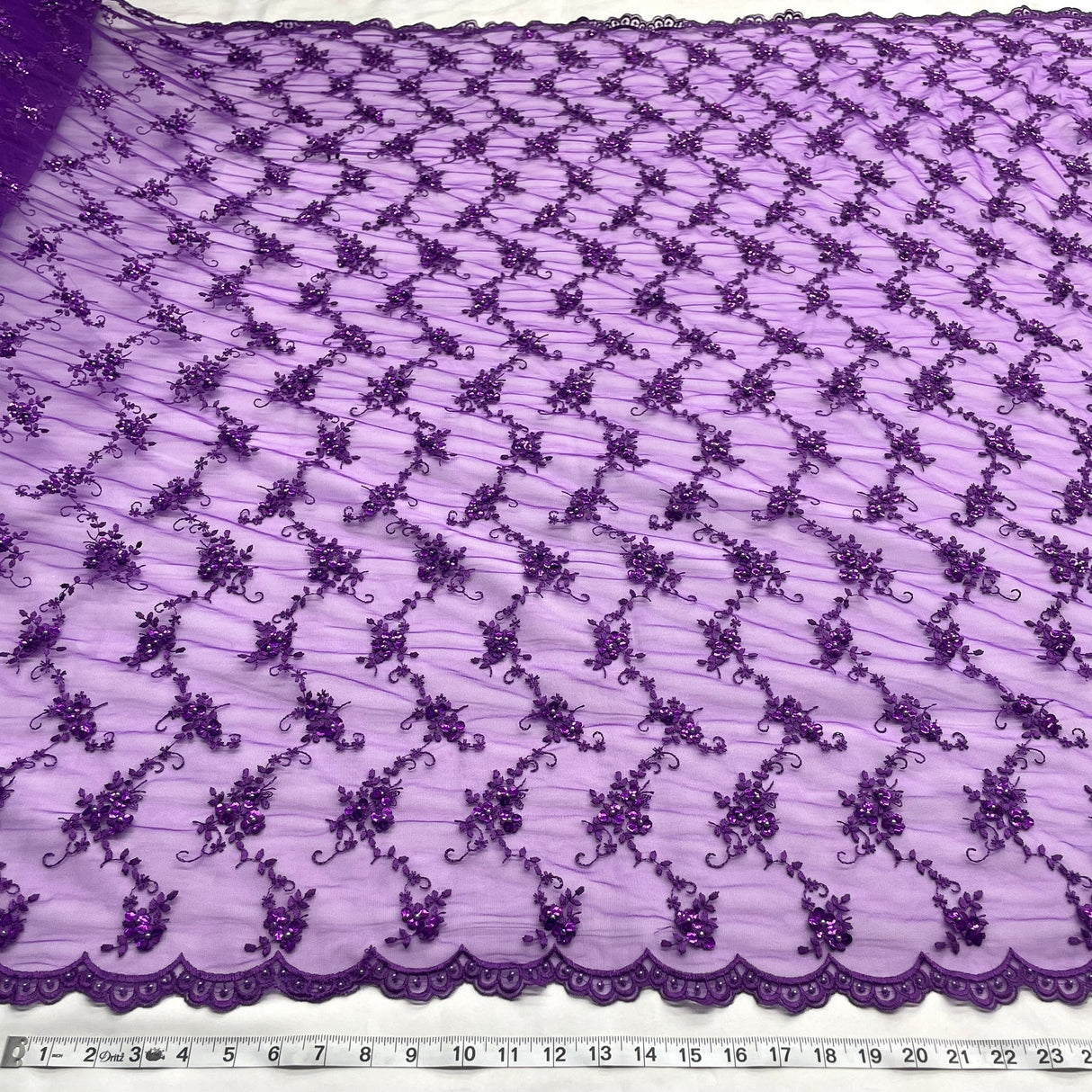 1 Yard Purple Beaded Bridal Evening Couture Quinceanera Dance Lace Fabric, 52 Inches Wide