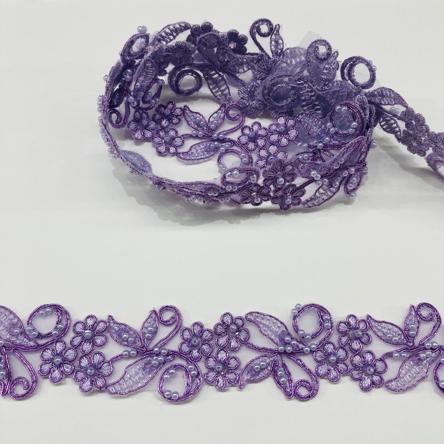 1 Yard Exquisite Beaded & Corded Lace Trimming Embroidered on 100% Polyester Organza for Bridal and Evening Dresses 1.5 Inch Width