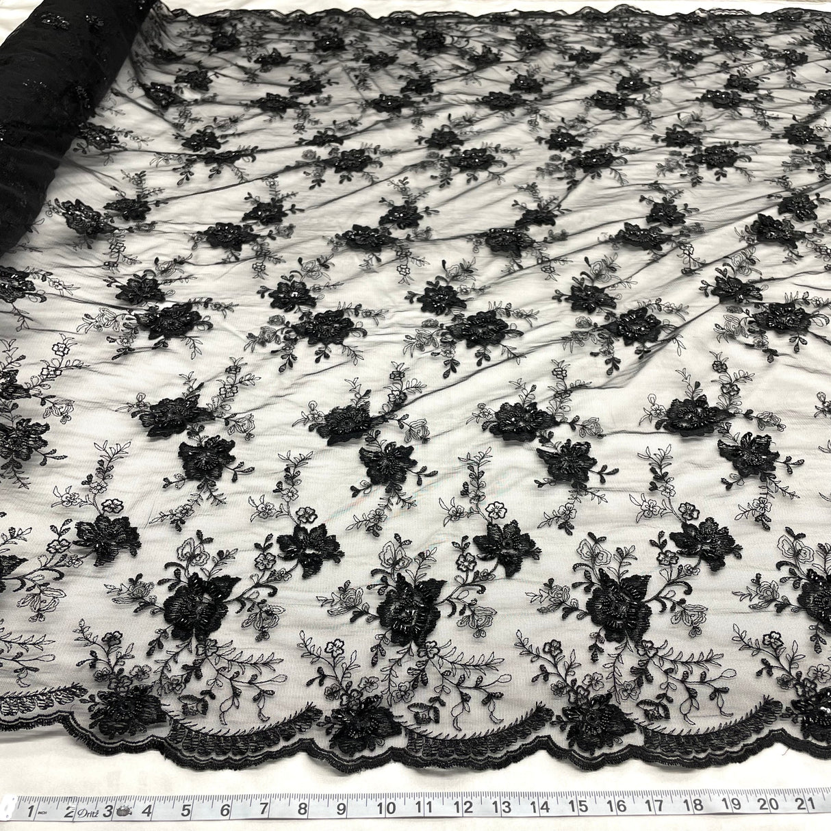 1 Yard Beaded Lace Fabric Black Polyester Net Mesh, with Beads and Sequins, 53 Inches Wide
