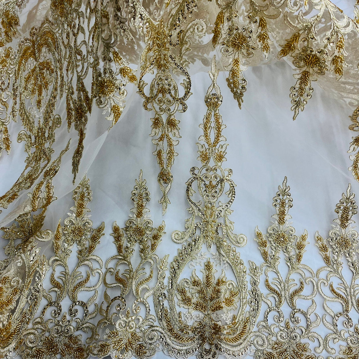1 Yard Beaded & Corded Bridal Lace Fabric on Polyester Net Mesh, Embroidered Lace Fabric, 51" Width