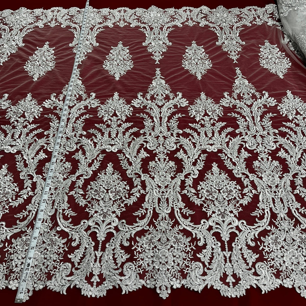1 Yard Classic White Corded Bridal Lace Fabric on Polyester Net Mesh 52 inch Width