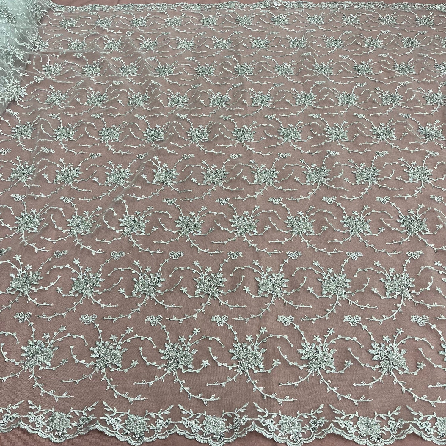 1 Yard Dazzling Beaded Corded Bridal Lace Fabric Embroidered on Premium Mesh 52