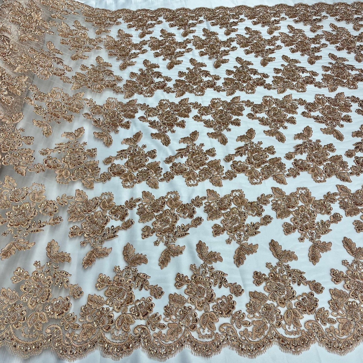 1 Yard Beaded Corded Bridal Lace Fabric Embroidered on Premium Polyester Mesh 51