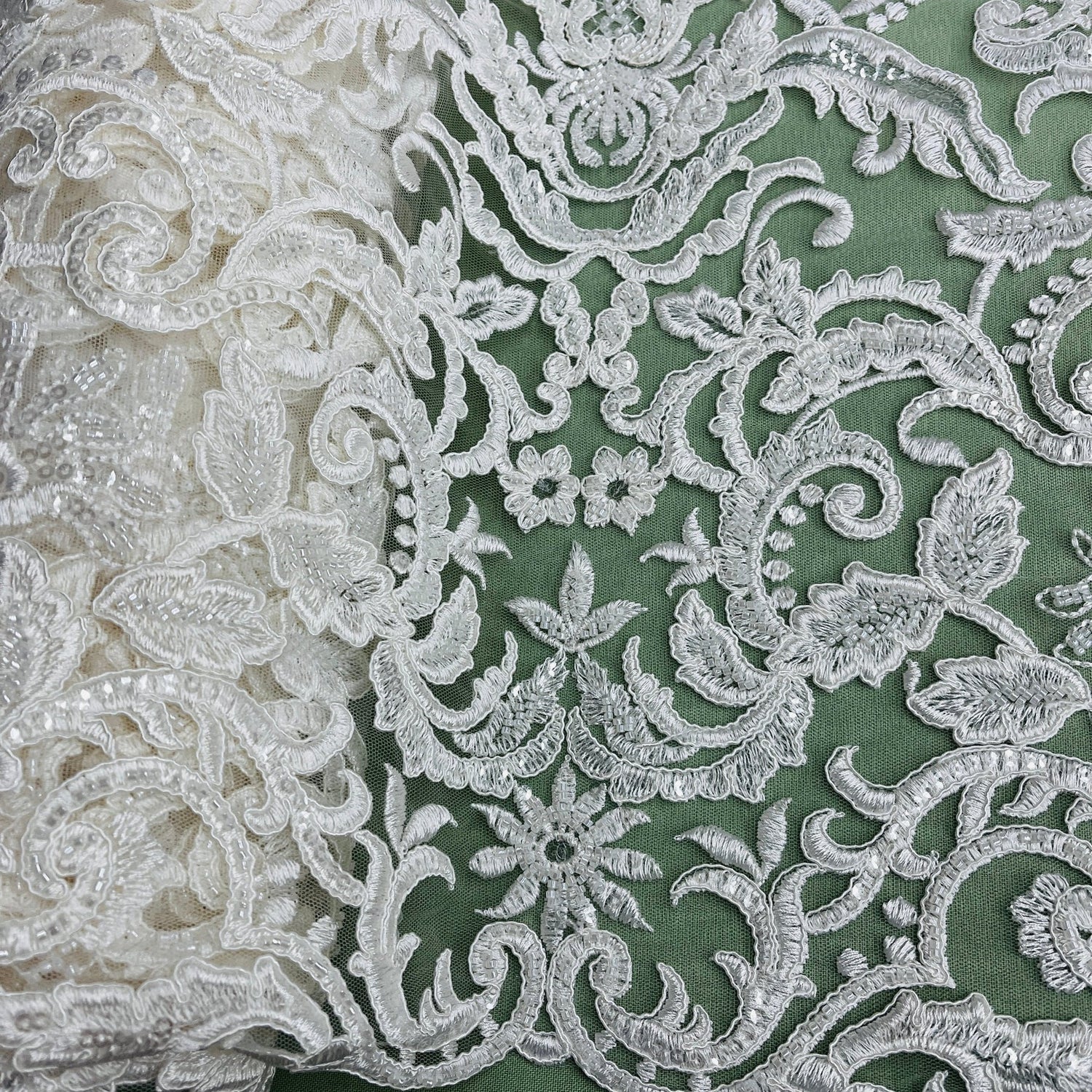 1 Yard Gold Beaded Corded Bridal Lace Fabric Embroidered on Polyester Net Mesh 53 Inch Width