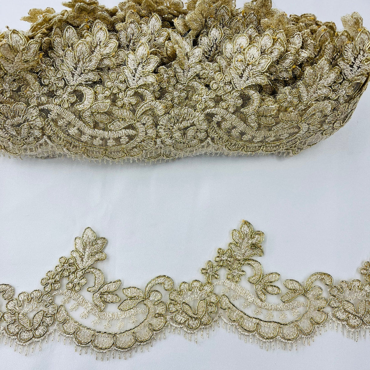 1 Yard Corded Lace Trimming on Net Mesh – 3" Wide | Handmade Embroidered Trim for Dresses & Gowns