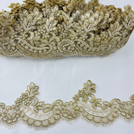 1 Yard Corded Lace Trimming on Net Mesh – 3" Wide | Handmade Embroidered Trim for Dresses & Gowns