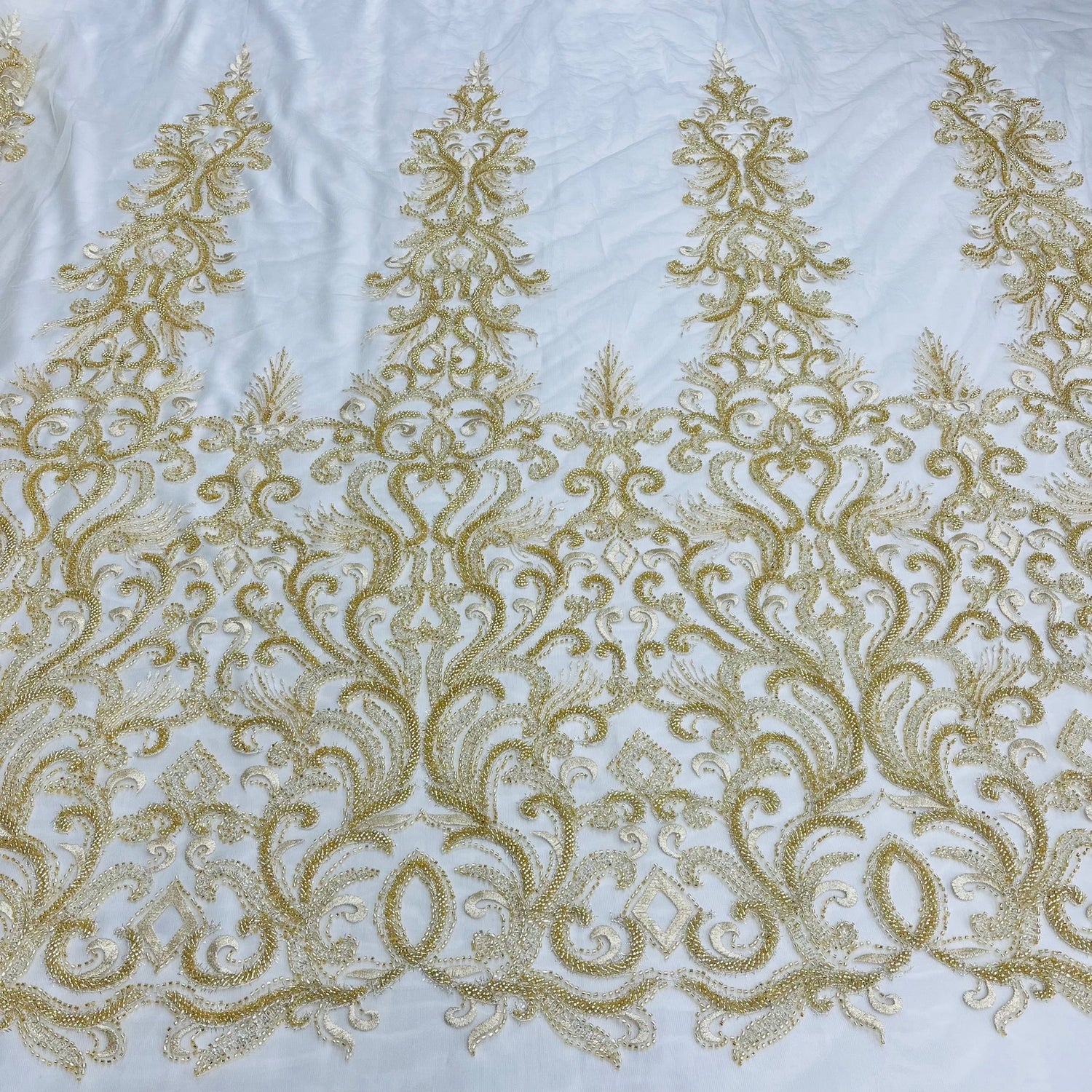 1 Yard Gold Beaded Lace Fabric Embroidered with Fuzzy Thread on 100 Percent Polyester Net Mesh 49 Inch Width
