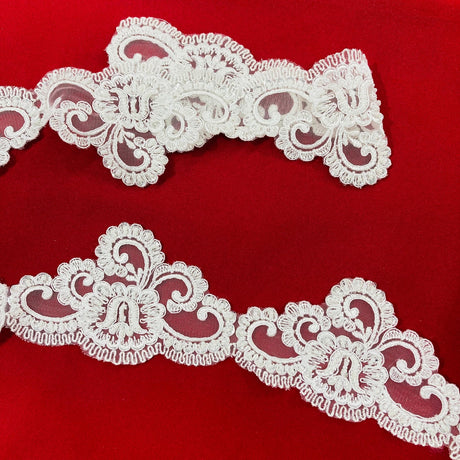 1 Yard Embroidered on 100% Polyester Net Mesh 4″ Wide Beaded & Corded Lace Trimming