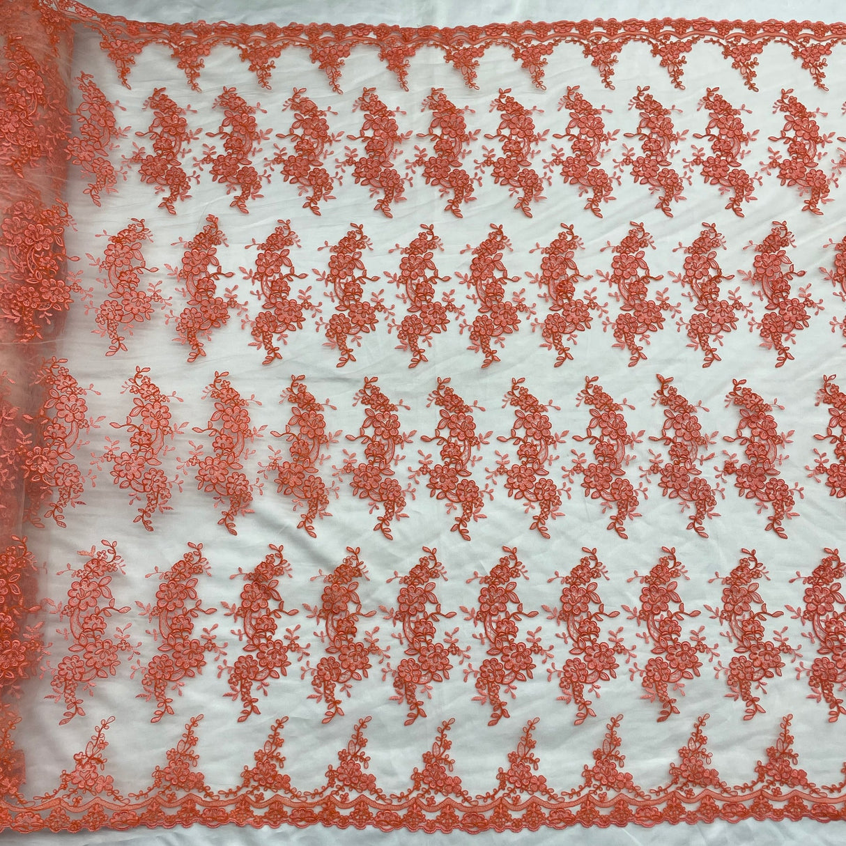 1 Yard Peach Corded Bridal Lace Fabric Embroidered Polyester Net Mesh 54 Inch Width