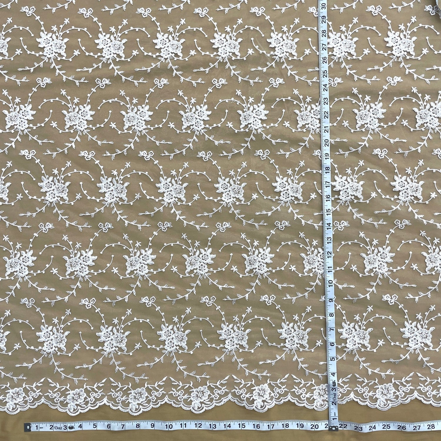 1 Yard Corded Bridal Lace Fabric Embroidered on 100 Percent Polyester Net Mesh White 52 inch Width