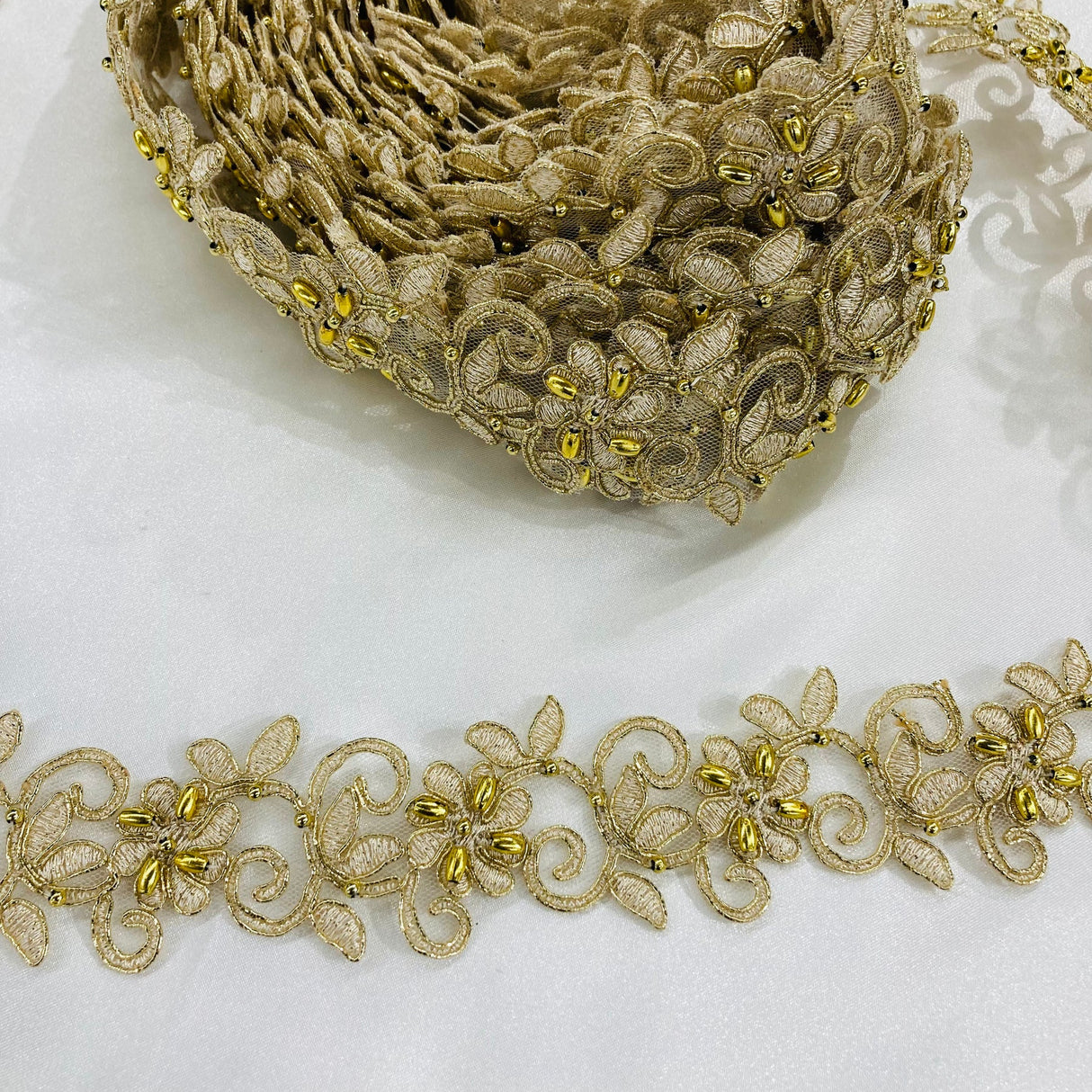 1 Yard Luxurious Beaded Corded Lace Trimming Embroidered Polyester Organza for Dresses 1.5 Inch Width