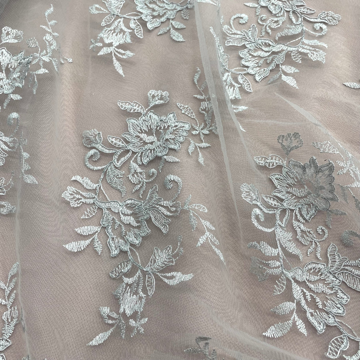 1 Yard Corded Bridal Lace Fabric Embroidered Net Mesh Sage Pink 53" Width