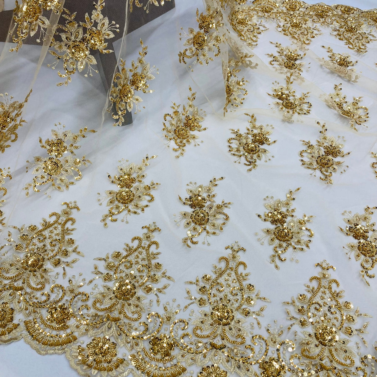 1 Yard Gold Beaded Lace Fabric Embroidered on Polyester Net Mesh 50 inch Width