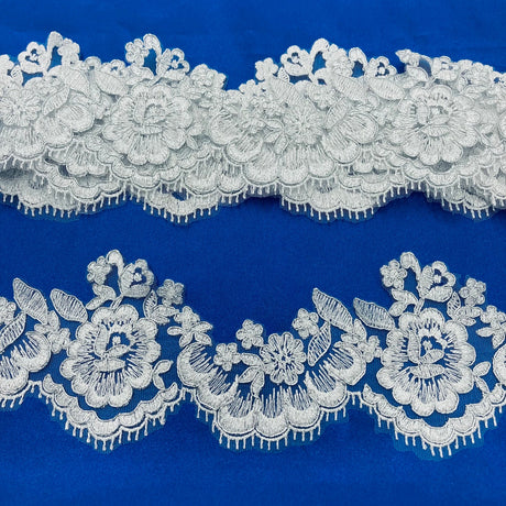 1 Yard Corded Lace Trimming on Net Mesh | 3.5" Wide | Handmade Embroidered Trim for Dresses & Costumes