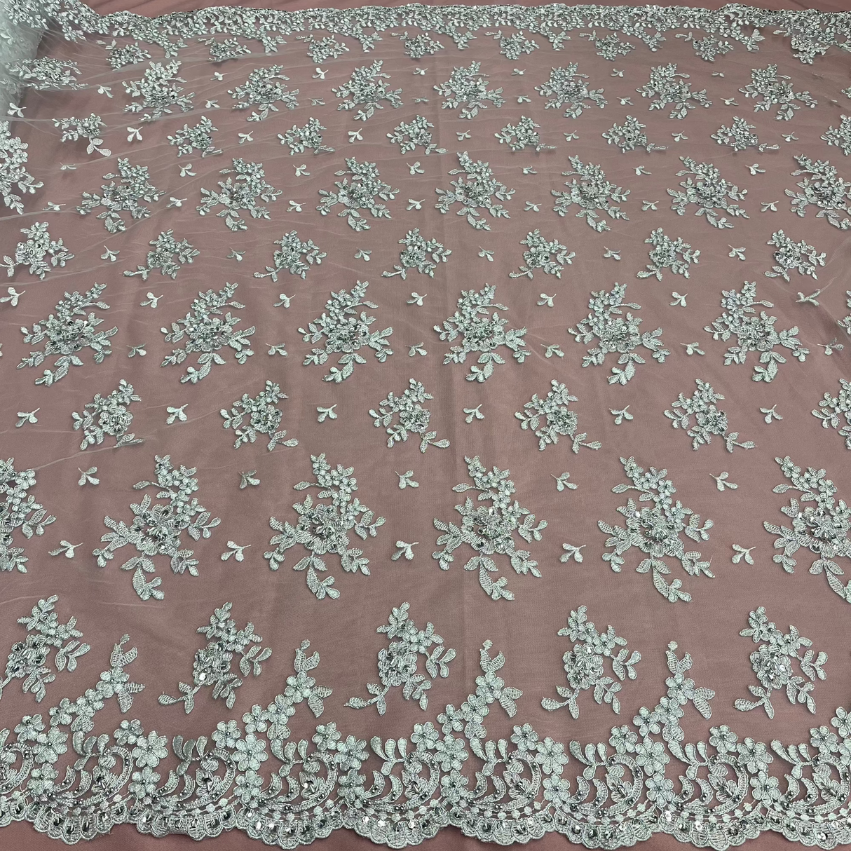 1 Yard Luxurious Beaded and Corded Bridal Lace Fabric Embroidered on Polyester Net Mesh 52 inch Width