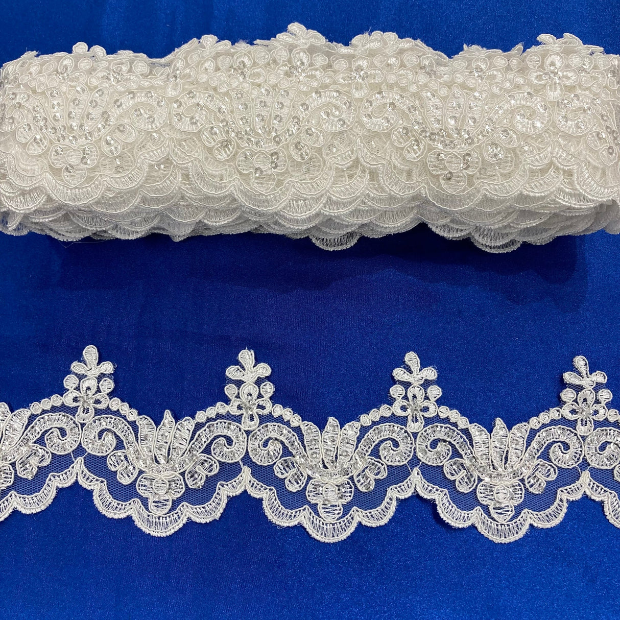 1 Yard Beaded & Corded Lace Trimming on Net Mesh – 3" Wide with Silver | Embroidered Couture Lace for Dresses