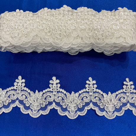 1 Yard Beaded & Corded Lace Trimming on Net Mesh – 3" Wide with Silver | Embroidered Couture Lace for Dresses