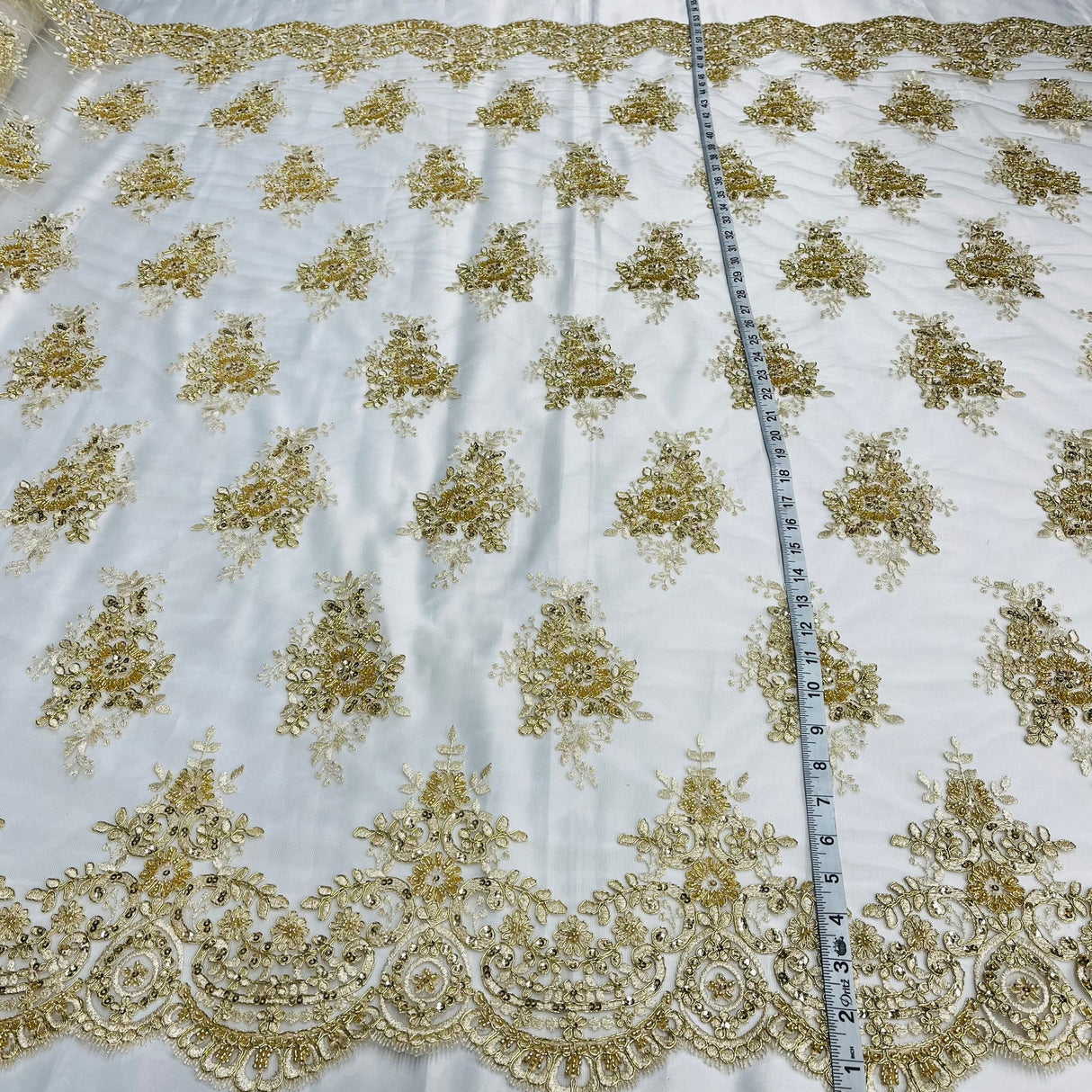 1 Yard Hand-Beaded Gold Corded Lace Fabric Embroidered on Polyester Net Mesh 56 inch Width