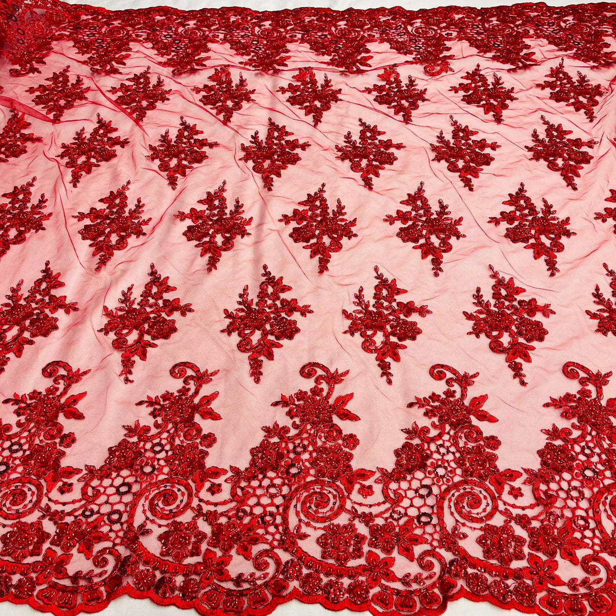 1 Yard Royal Blue Corded Lace Fabric with Hand-Embroidered Beading on Mesh 53 inch Width