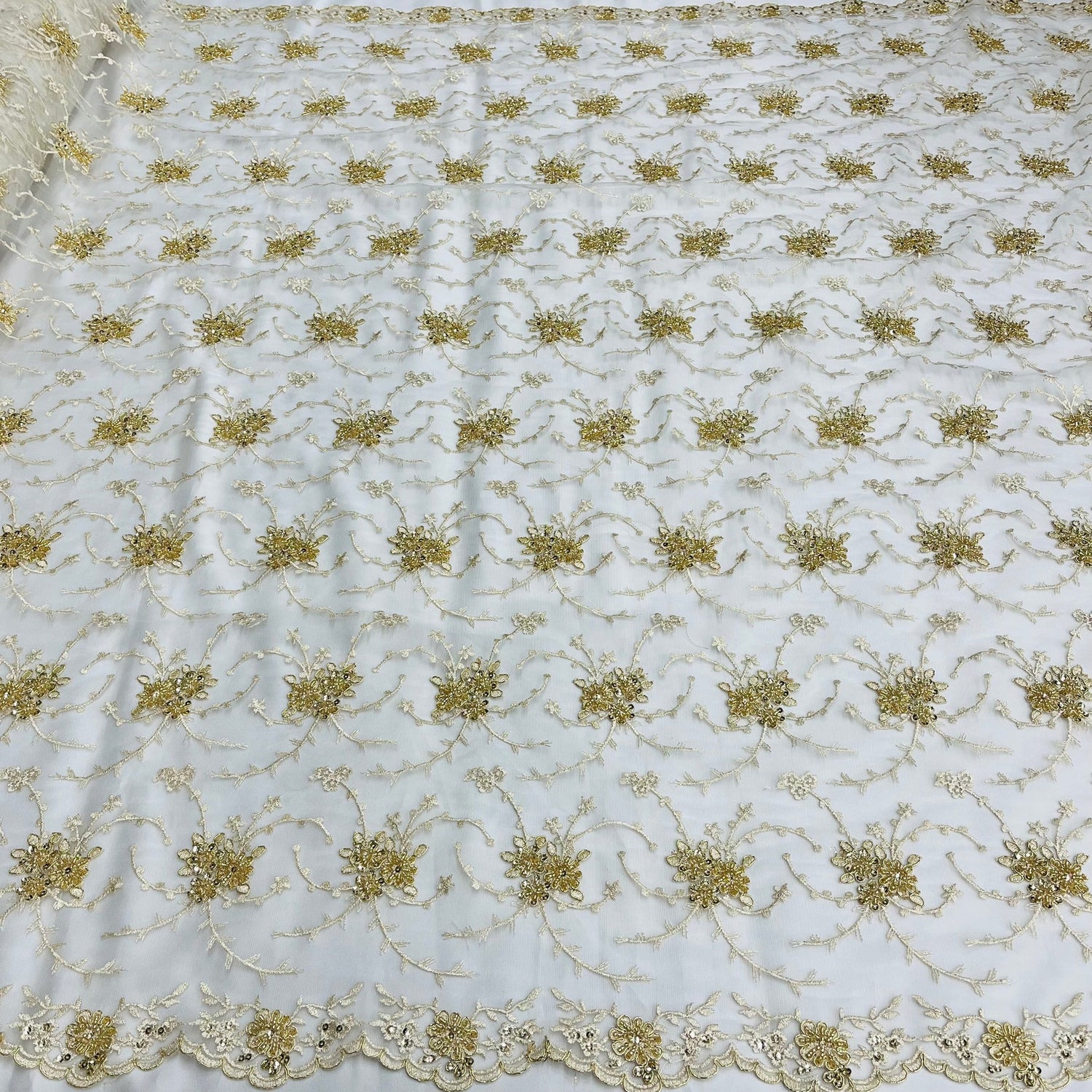 1 Yard Dazzling Beaded Corded Bridal Lace Fabric Embroidered on Premium Mesh 52