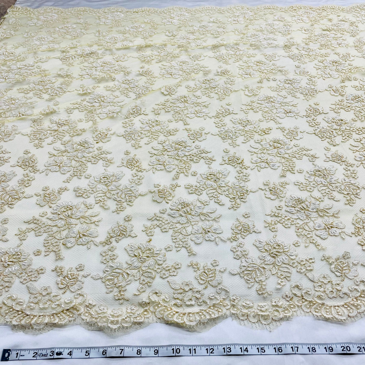 1 Yard Elegant Beaded Lace Fabric Embroidered on Polyester Net Mesh Ivory with Gold 54" Width