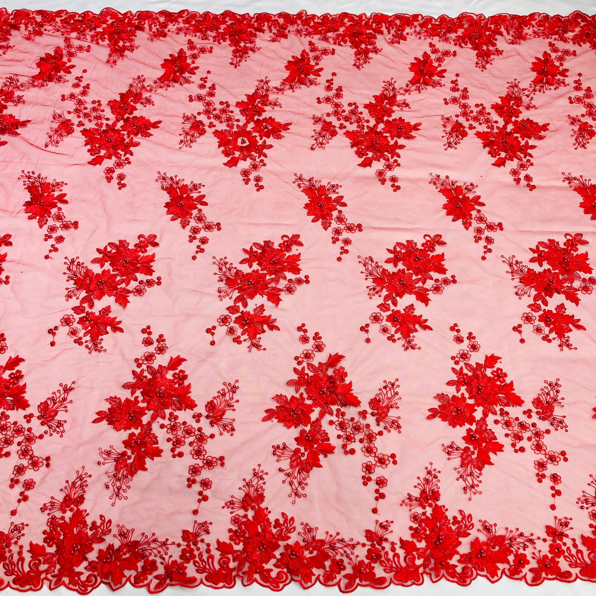 1 Yard Beaded Rhinestone 3D Floral Lace Fabric Embroidered Mesh Gown 52" Width