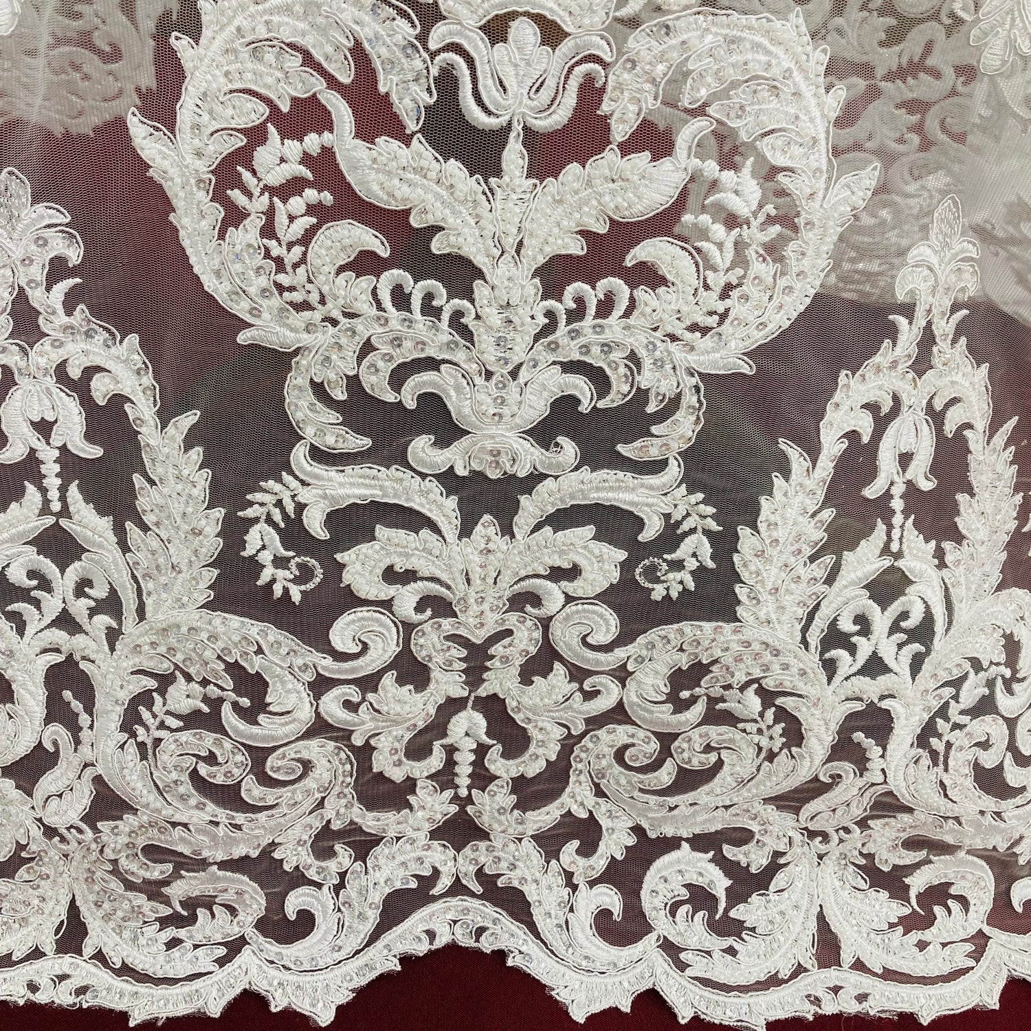 1 Yard Elegant Beaded & Corded Lace Fabric Embroidered on Polyester Net Mesh Perfect for Bridal & Special Occasion Couture 51" Wide