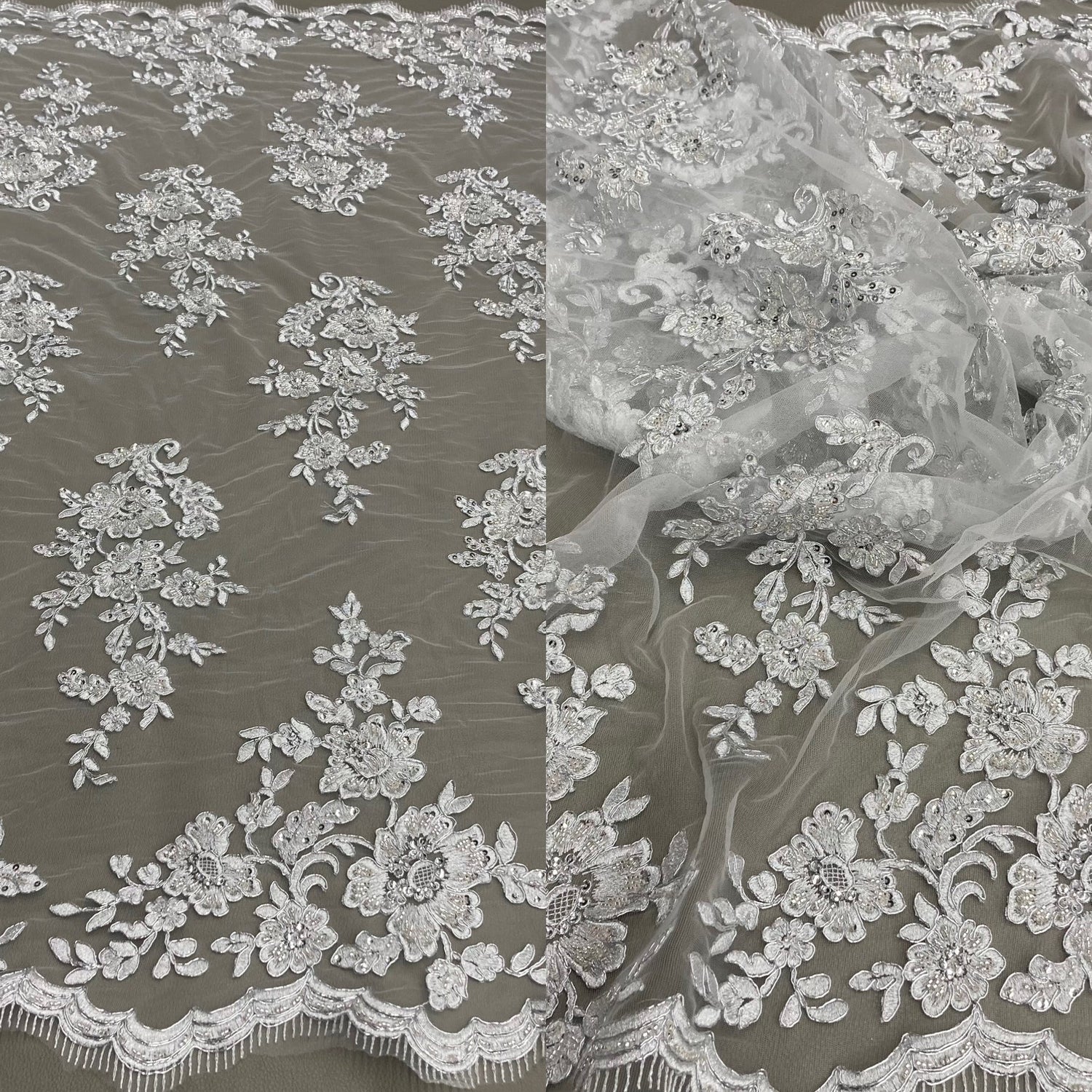 1 Yard Elegant Beaded Corded Bridal Lace Fabric Embroidered on Premium Mesh 51