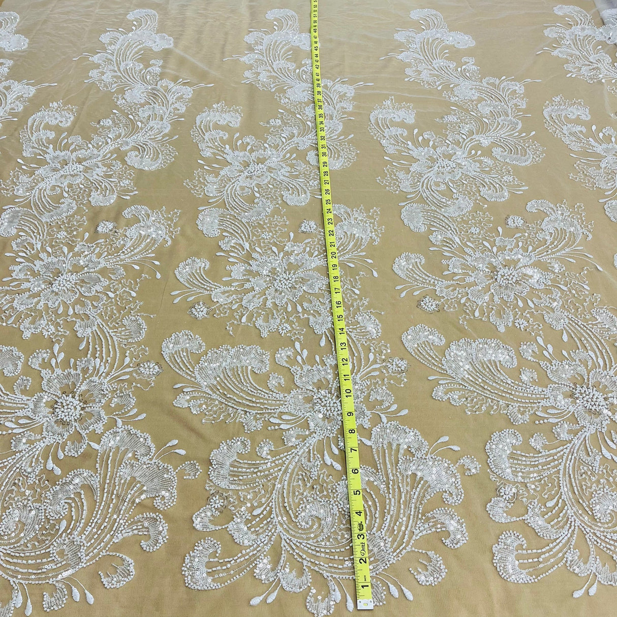 1 Yard Beaded Lace Fabric Embroidered on Polyester Net Mesh, 52" Width, Premium Lace Fabrication