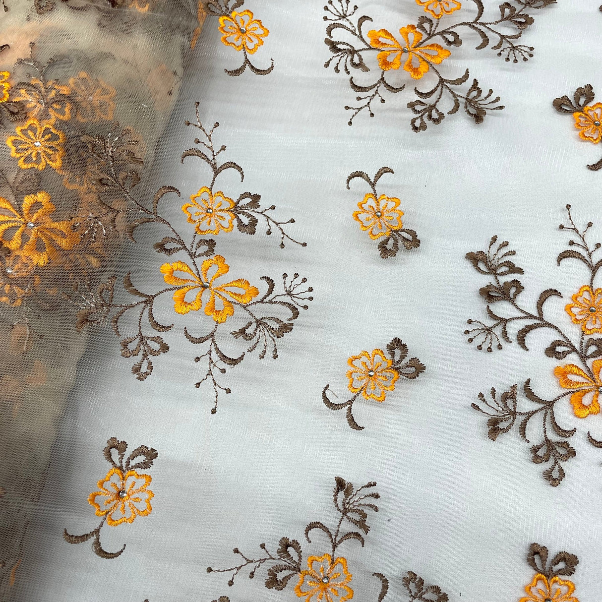 1 Yard Orange/Brown Beaded Lace Fabric Embroidered on Polyester Net Mesh 54 Inch Width